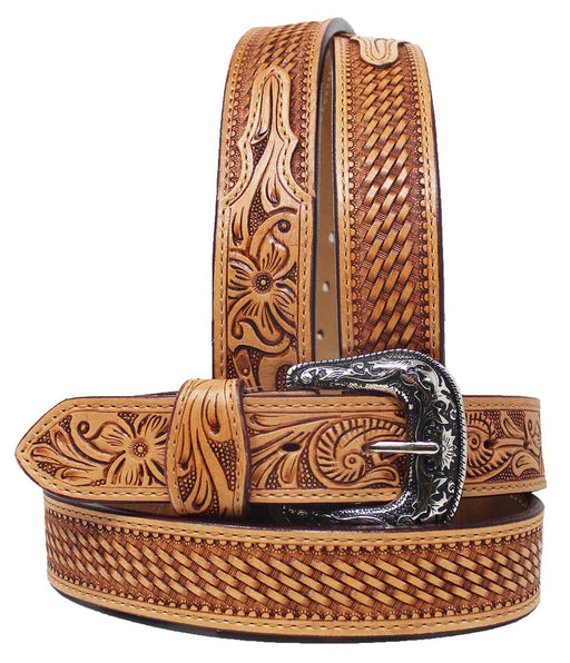 28" Youth Western 1-1/4" BasketWeave Floral Tooled Leather Belt 26RS64C