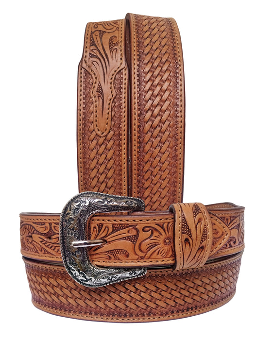 38  Western 1-3/4" Tapered Wide Floral Tooled Black Inlay Full-Grain Leather Belt 26RS03T
