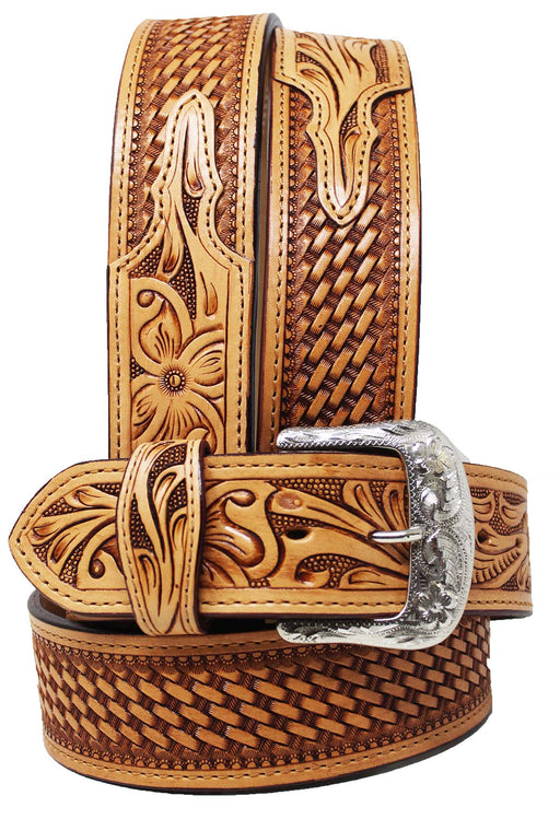 Western 2" BasketWeave Floral Tooled Full-Grain Leather Belt 26RS64U2