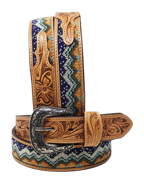 Western 1-1/2" Wide Basketweave Oak Leaf Beaded Full-Grain Leather Belt  26RSBeadedWave