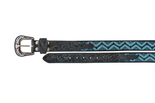 Men Women Western 1-1/2" Floral Tooled Inlay Full-Grain Beaded  Black Leather Belt 26RS72