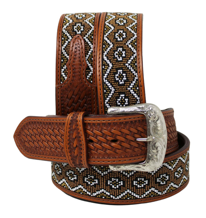 Men Women Western 2" Wide Floral Tooled Beaded Inlay Full-Grain Dark Tan Leather Belt