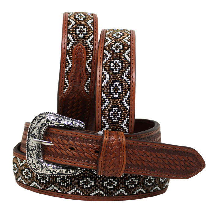 30"  Western 1-1/2" Basket Weave Tooled Beaded Full-Grain Leather Belt 26RS103