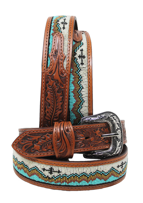 Western 1-1/2" Wide Basketweave Oak Leaf Beaded Full-Grain Leather Belt  26RSBeadedWave