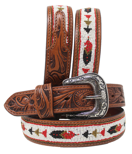Men Western 1-1/2" Floral Tooled Beaded Full-Grain Tan Leather Belt 26RS75