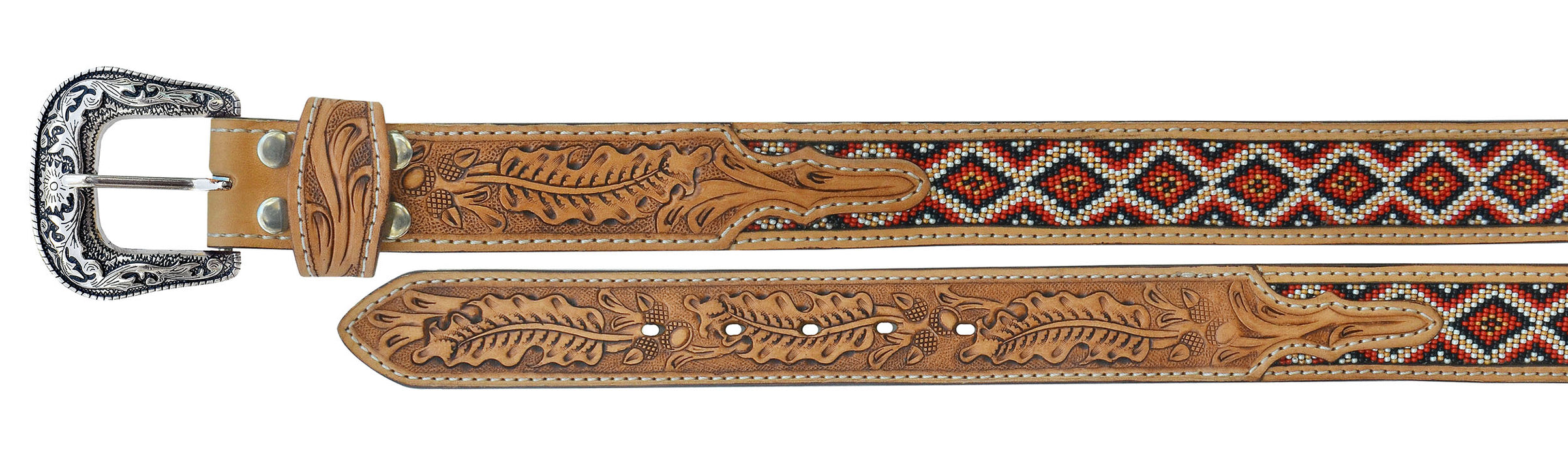 Men Women Western 1-1/2" Wide Oak Leaf Tooled Beaded Full-Grain Leather Belt 26RS76