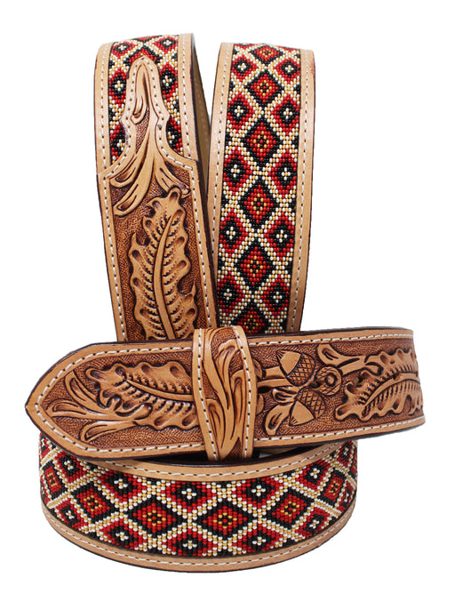 Western 2" Wide Basket Weave Tooled Beaded Full-Grain Leather Belt 26RS76U2