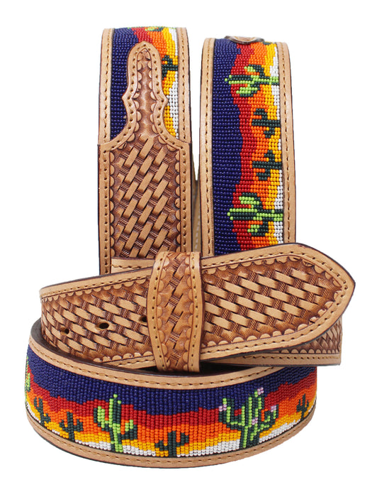 Western 2" Wide Basket Weave Tooled Beaded Full-Grain Leather Belt  Cactus 77-78