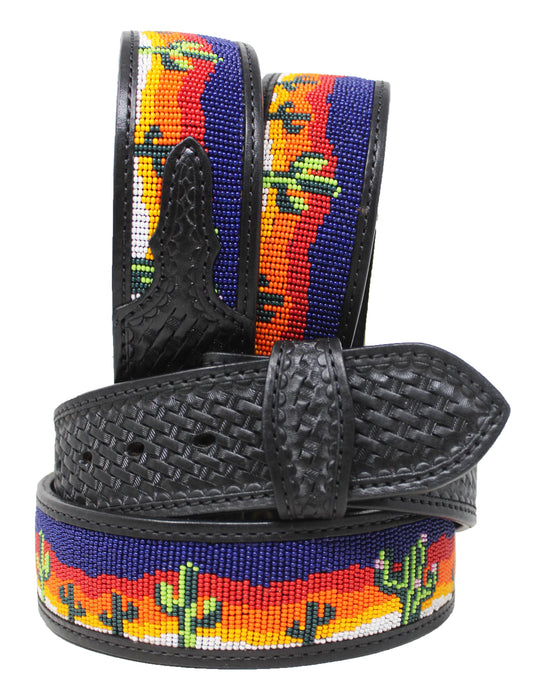 Western 2" Wide Basket Weave Tooled Beaded Full-Grain Leather Belt  Cactus 77-78
