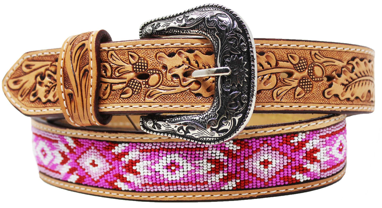 26"  Kid's 1-1/4" Western Floral Tooled Beaded Full-Grain Leather Belt 26RS105C