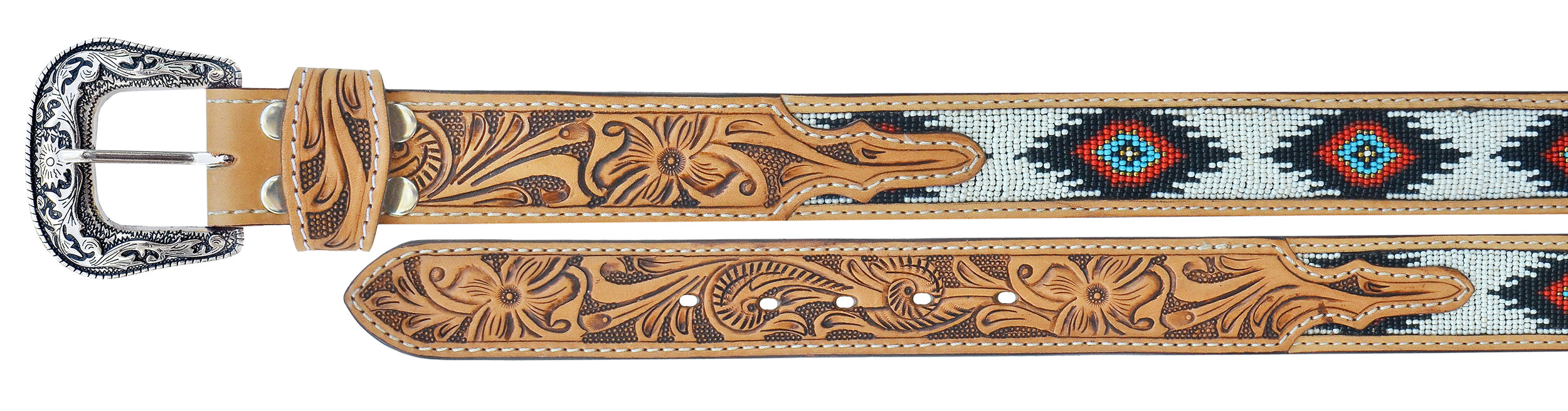 32"  Western 1-1/2" Wide Basket Weave Tooled Beaded Tan Leather Belt  26RS118