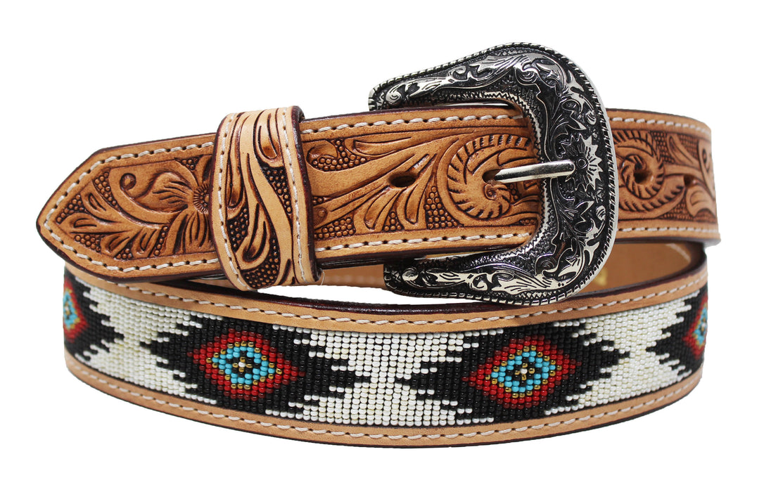 26"  Kid's 1-1/4" Western Floral Tooled Beaded Full-Grain Leather Belt 26RS105C