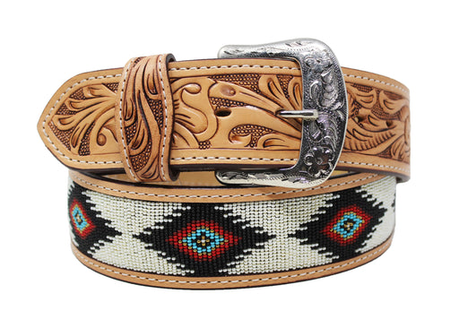 Western 2" W Floral Tooled Southwest Beaded Full-Grain Leather Belt 26RS80U2