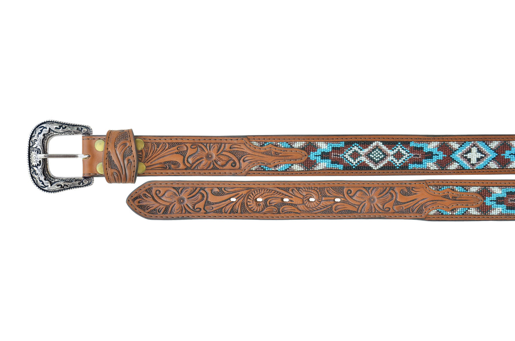 30"  Western 1-1/2" Basket Weave Tooled Beaded Full-Grain Leather Belt 26RS103