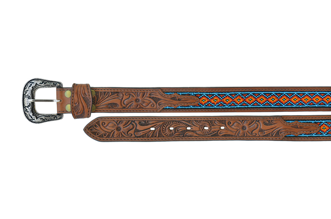 30"  Western 1-1/2" Basket Weave Tooled Beaded Full-Grain Leather Belt 26RS103