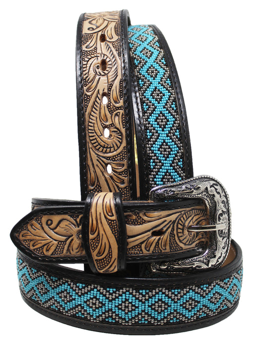 Men Women Western 1-1/2" Wide Antique Floral Tooled Beaded Full-Grain Leather Belt