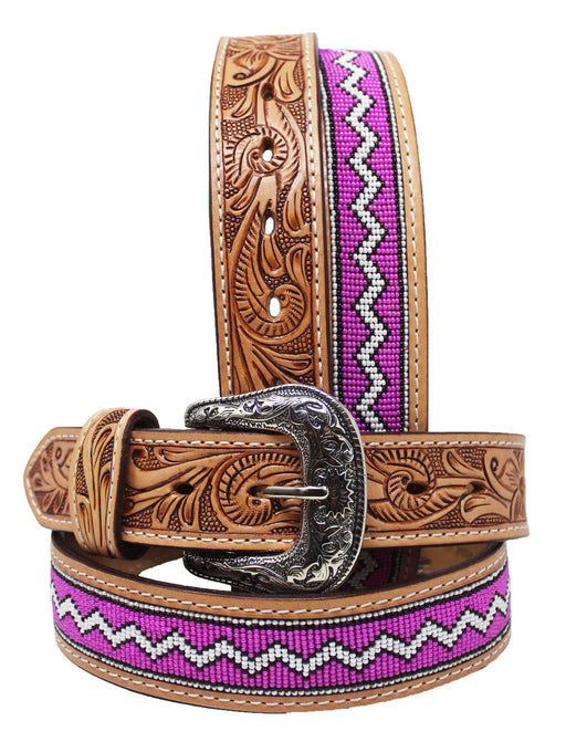 Western 1-1/2" Wide Tooled Beaded Full-Grain Leather Belt Pink 26RS85
