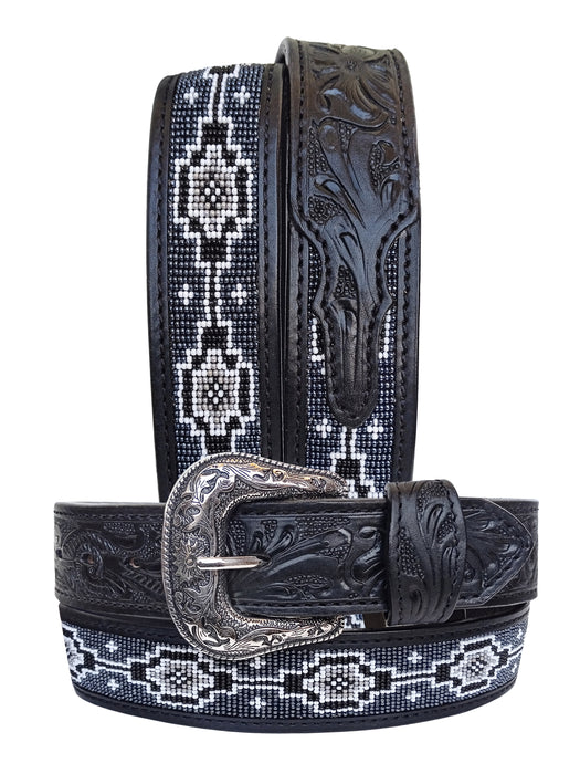 Men Women Western Antique Floral Tooled Beaded Full-Grain Black Leather Belt