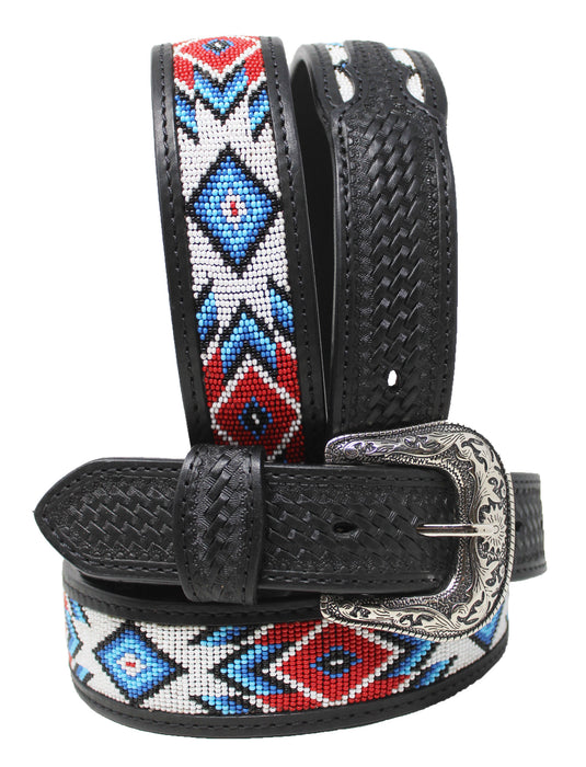 Western 1-3/4" W Basket Weave Tooled Beaded Full-Grain Leather Belt 26RS88T