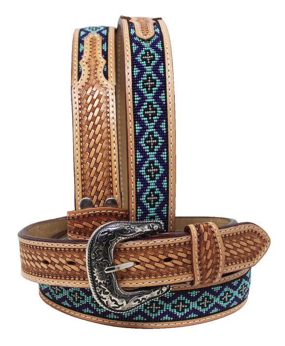 30  Western 1-1/2" Wide Basket Weave Tooled Beaded Tan Leather Belt  26RS111
