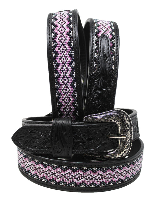 Men Women Western Antique Floral Tooled Beaded Full-Grain Black Leather Belt