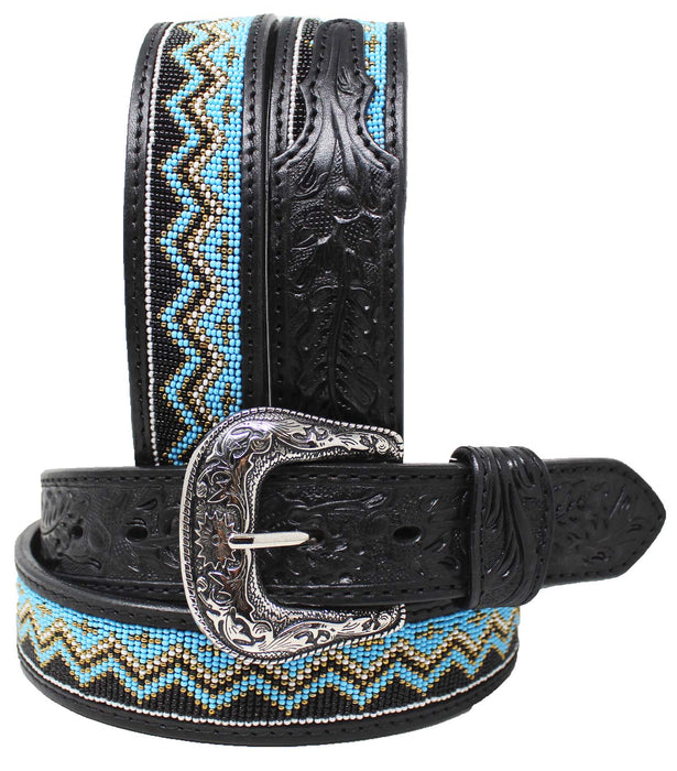 Men Women Western Antique Floral Tooled Beaded Full-Grain Black Leather Belt