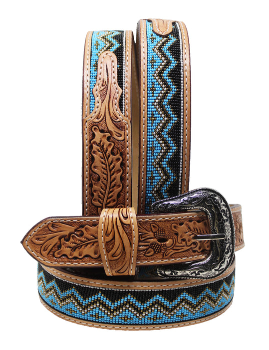Western 1-1/2" Wide Basketweave Oak Leaf Beaded Full-Grain Leather Belt  26RSBeadedWave