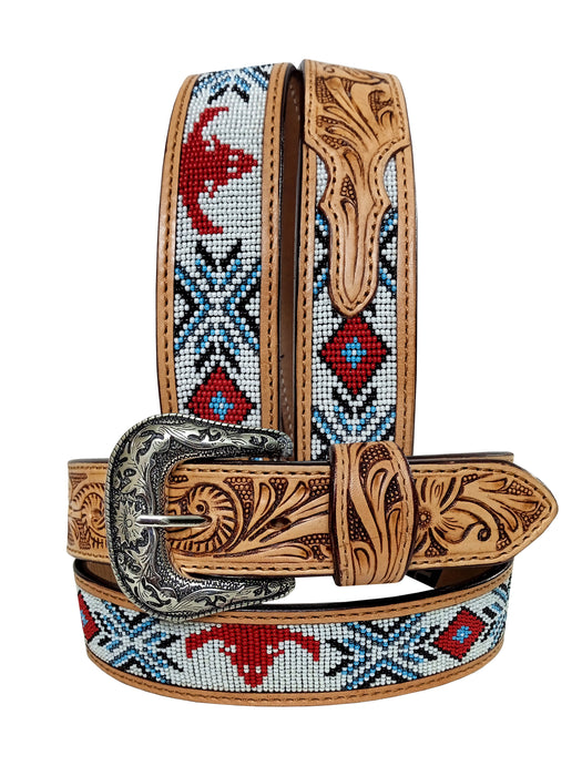 32  Western 1-1/2" Wide Praying Cowboy Beaded Tooled Tan Leather Belt  26RS109