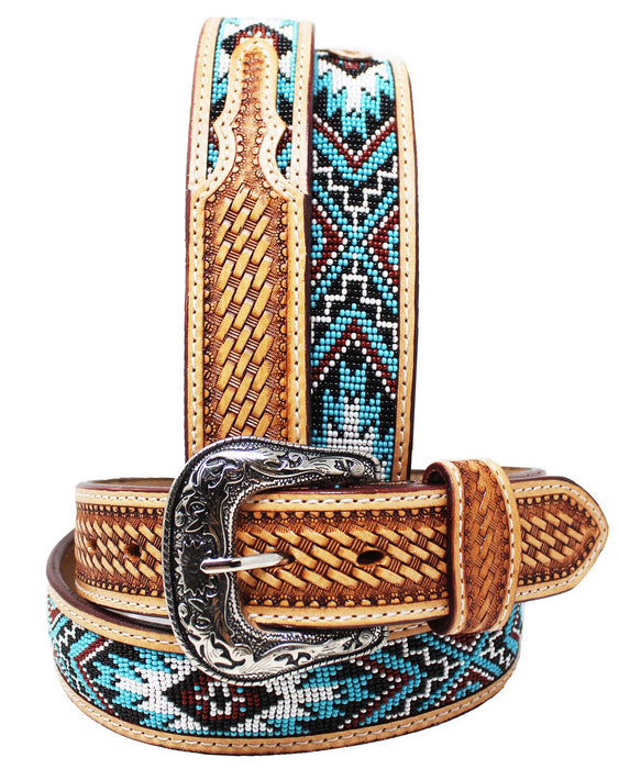 30  Western 1-1/2" Wide Basket Weave Tooled Beaded Tan Leather Belt  26RS111