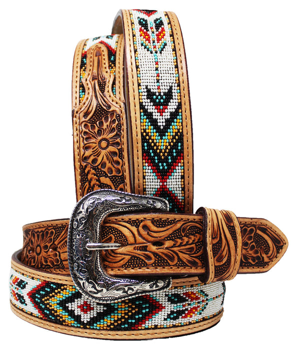 30  Western 1-1/2" Wide Basket Weave Tooled Beaded Tan Leather Belt  26RS111