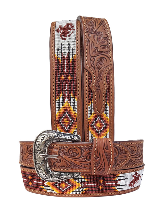 30"  Western 1-1/2" Basket Weave Tooled Beaded Full-Grain Leather Belt 26RS103