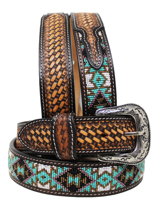 Mens Women 1.5" Western Tooled Beaded Genuine Leather Belt Amish  26RT08