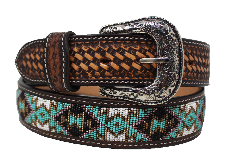 Mens Women 1.5" Western Tooled Beaded Genuine Leather Belt Amish  26RT08