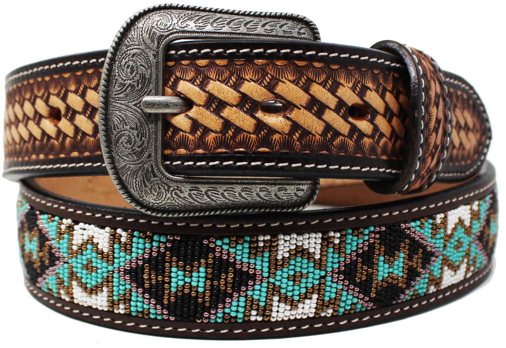 Mens Women 1.5" Western Tooled Beaded Genuine Leather Belt Amish  26RT08