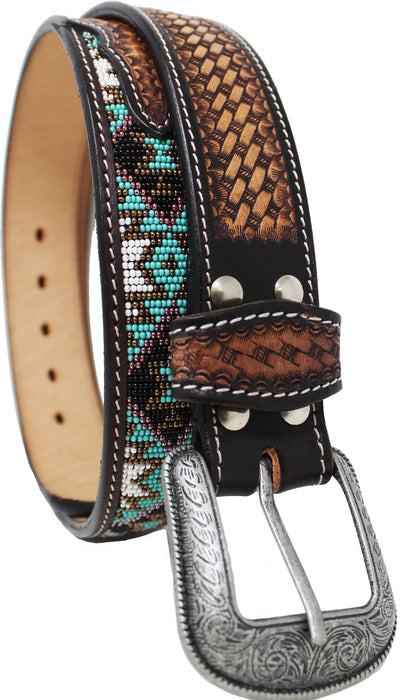 Mens Women 1.5" Western Tooled Beaded Genuine Leather Belt Amish  26RT08