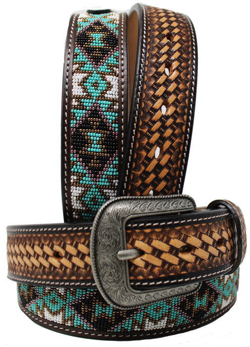 Mens Women 1.5" Western Tooled Beaded Genuine Leather Belt Amish  26RT08
