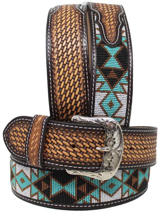 Western 2" Wide Antique Floral Tooled Beaded Full-Grain Leather Belt 26RT08U2