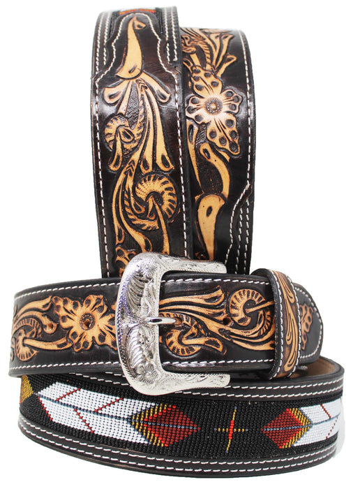 Western 2" Wide Tooled Genuine Leather Belt  Beaded