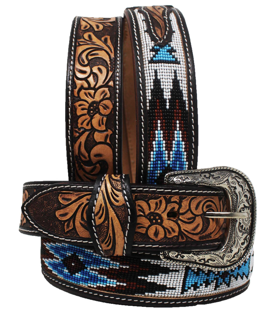 Men's Western Rodeo Heavy Duty Beaded Full-Grain Leather Belt 26RT12 ...