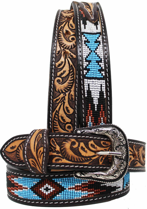 Kids Youth Western Rodeo Floral Tooled Beaded Leather Belt 26RT12Kids