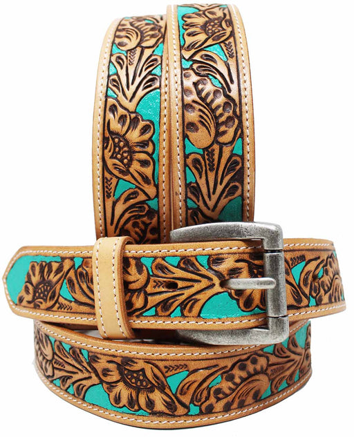 Unisex 1.5" Western Floral Tooled Teal Inlay Full-Grain Leather Belt 26RT20TL