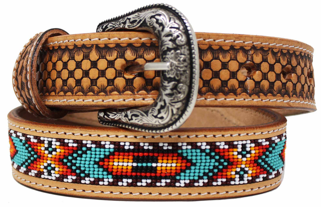 Kids Youth Western Rodeo Floral Tooled Beaded Leather Belt 26RT12Kids