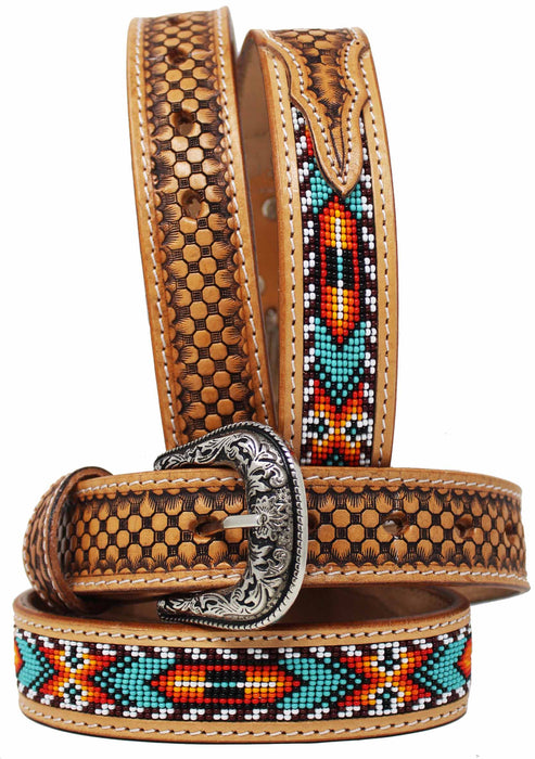 Kids Youth Western Rodeo Floral Tooled Beaded Leather Belt 26RT12Kids