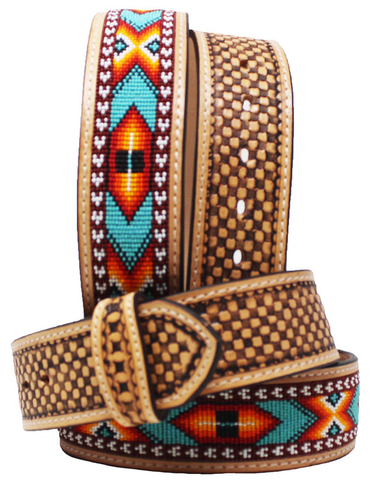 Western 2" Wide Tooled Genuine Leather Belt  Beaded