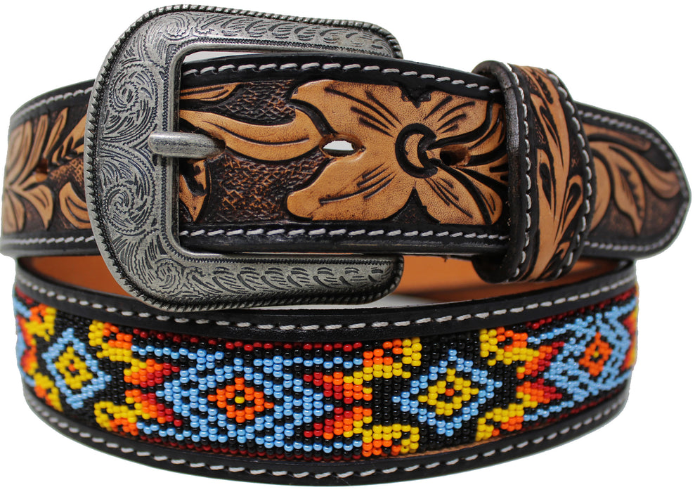 Mens Beaded Belt Western Tooled Fashion Beaded Full-Grain Leather Belt 26RT23