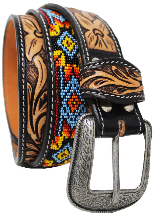 Mens Beaded Belt Western Tooled Fashion Beaded Full-Grain Leather Belt 26RT23