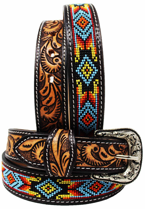 Kids Youth Western Rodeo Floral Tooled Beaded Leather Belt 26RT12Kids