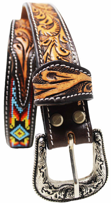 Kids Youth Western Rodeo Floral Tooled Beaded Leather Belt 26RT12Kids