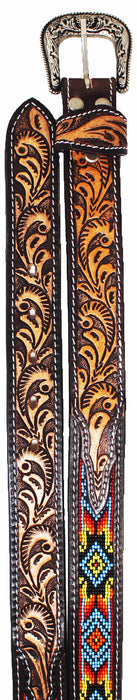 Kids Youth Western Rodeo Floral Tooled Beaded Leather Belt 26RT12Kids