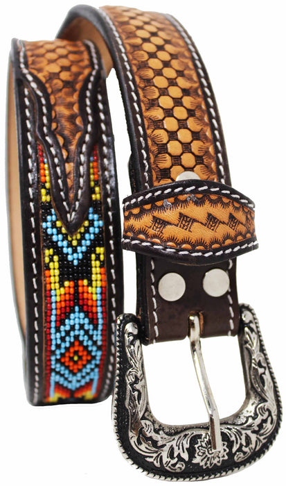 Kids Youth Western Rodeo Floral Tooled Beaded Leather Belt 26RT12Kids